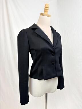 Vintage 80s 90s Black Pleated Puff Shoulder Cropped Blazer XS